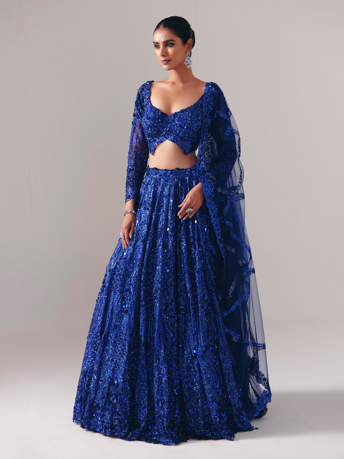 Blue net lehenga choli with regal stone sparkle