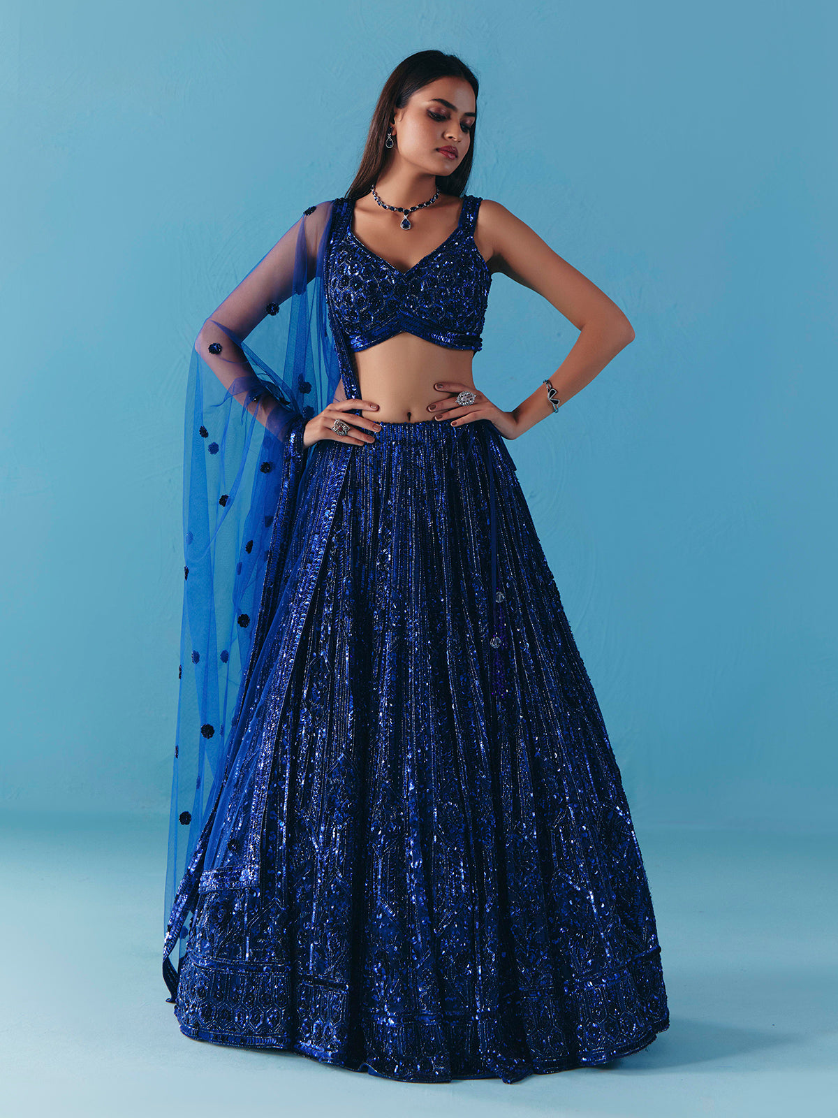 Blue net sweetheart neck lehenga choli with dupatta