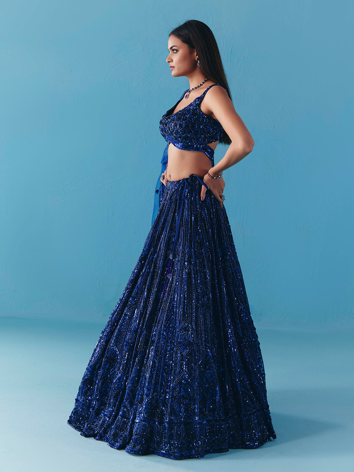 Blue net sweetheart neck lehenga choli with dupatta