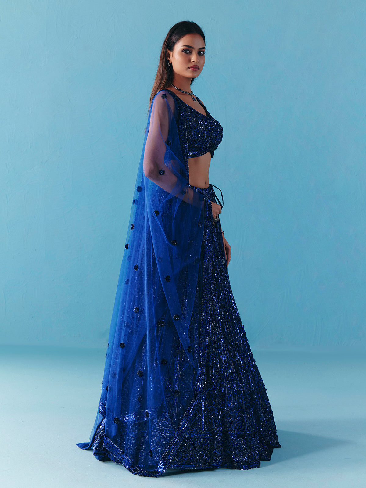 Blue net sweetheart neck lehenga choli with dupatta
