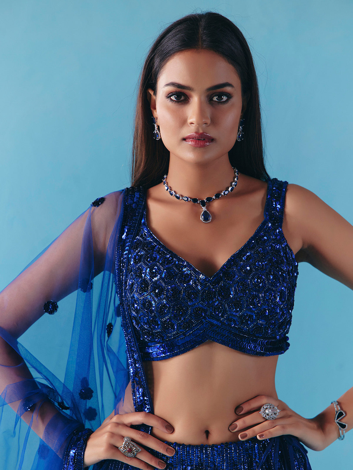 Blue net sweetheart neck lehenga choli with dupatta