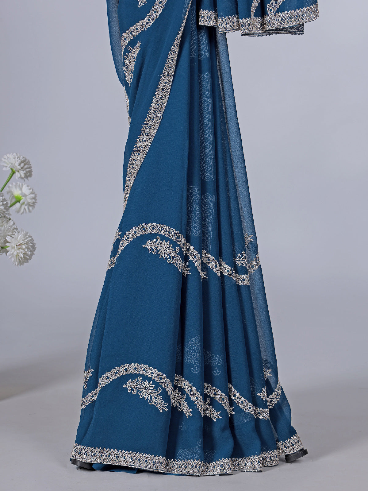 Blue organza saree with thread and diamond work