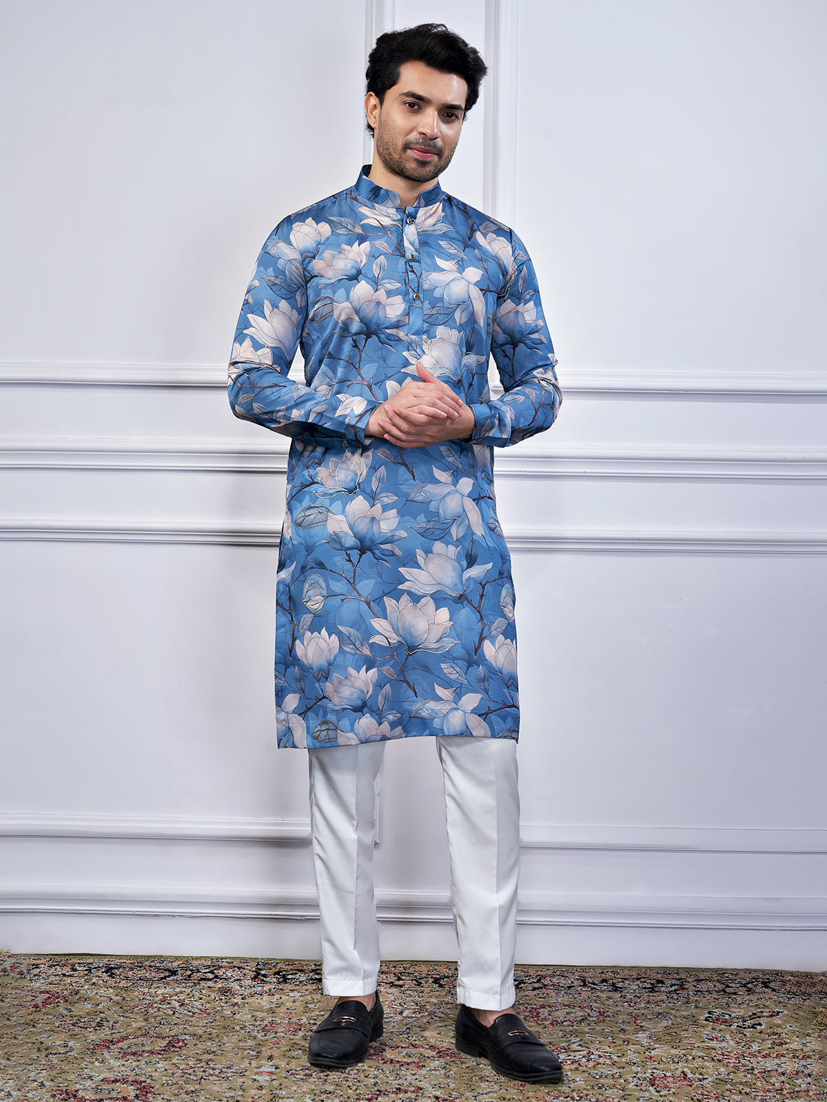 Blue printed cotton festival wear kurta suit