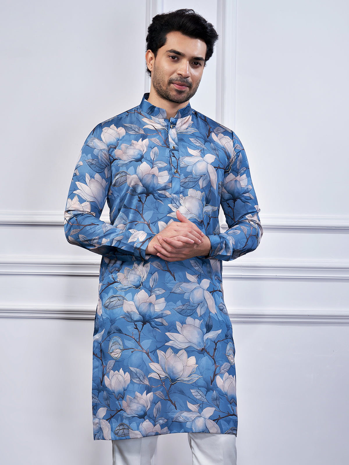 Blue printed cotton festival wear kurta suit