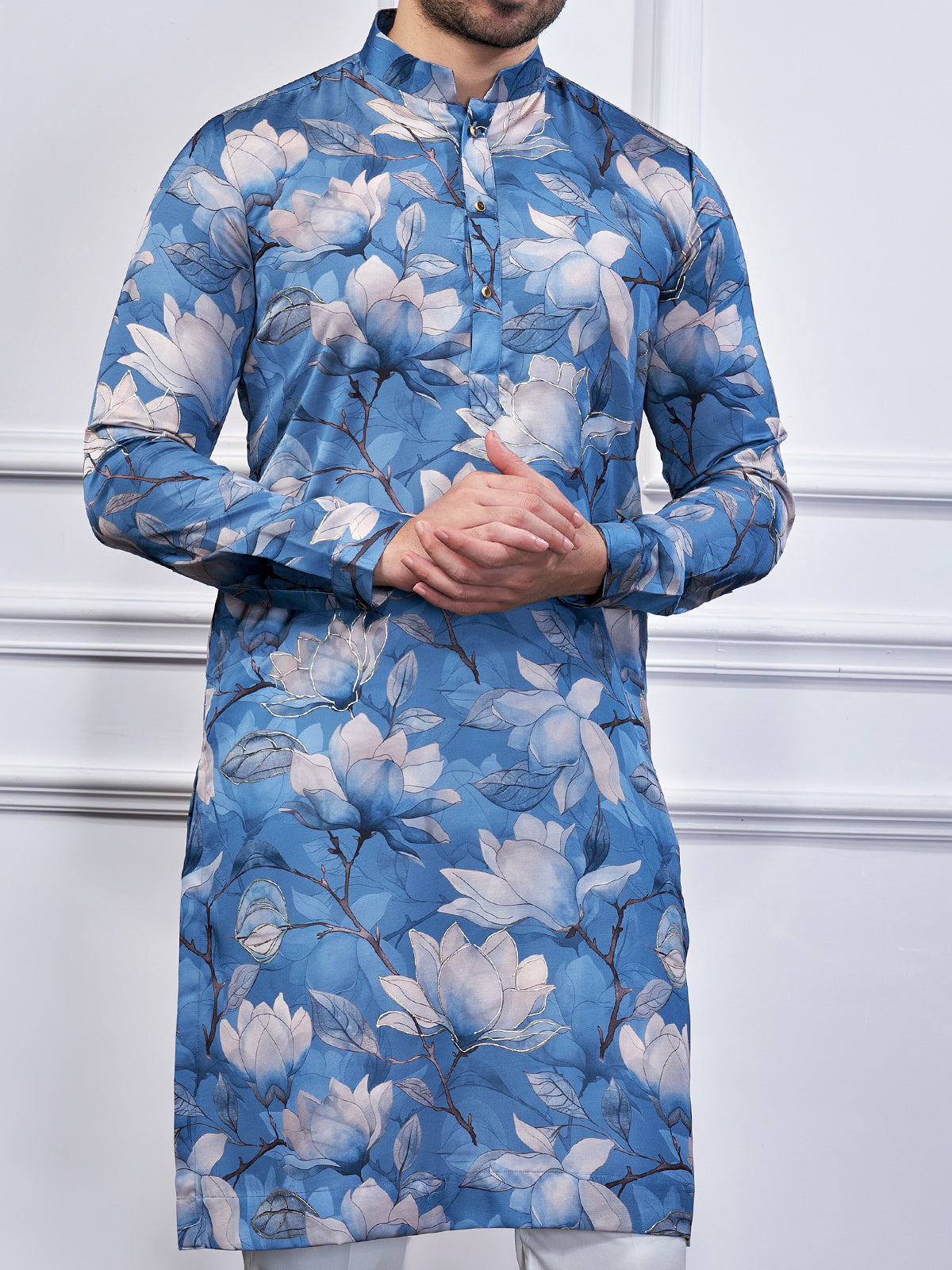 Blue printed cotton festival wear kurta suit