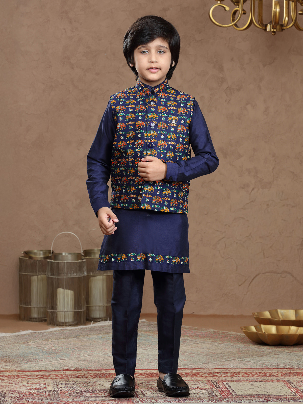 Blue printed cotton silk festive wear waistcoat set