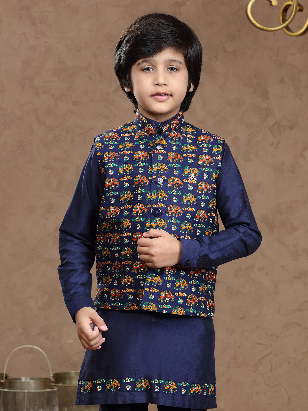 Blue printed cotton silk festive wear waistcoat set