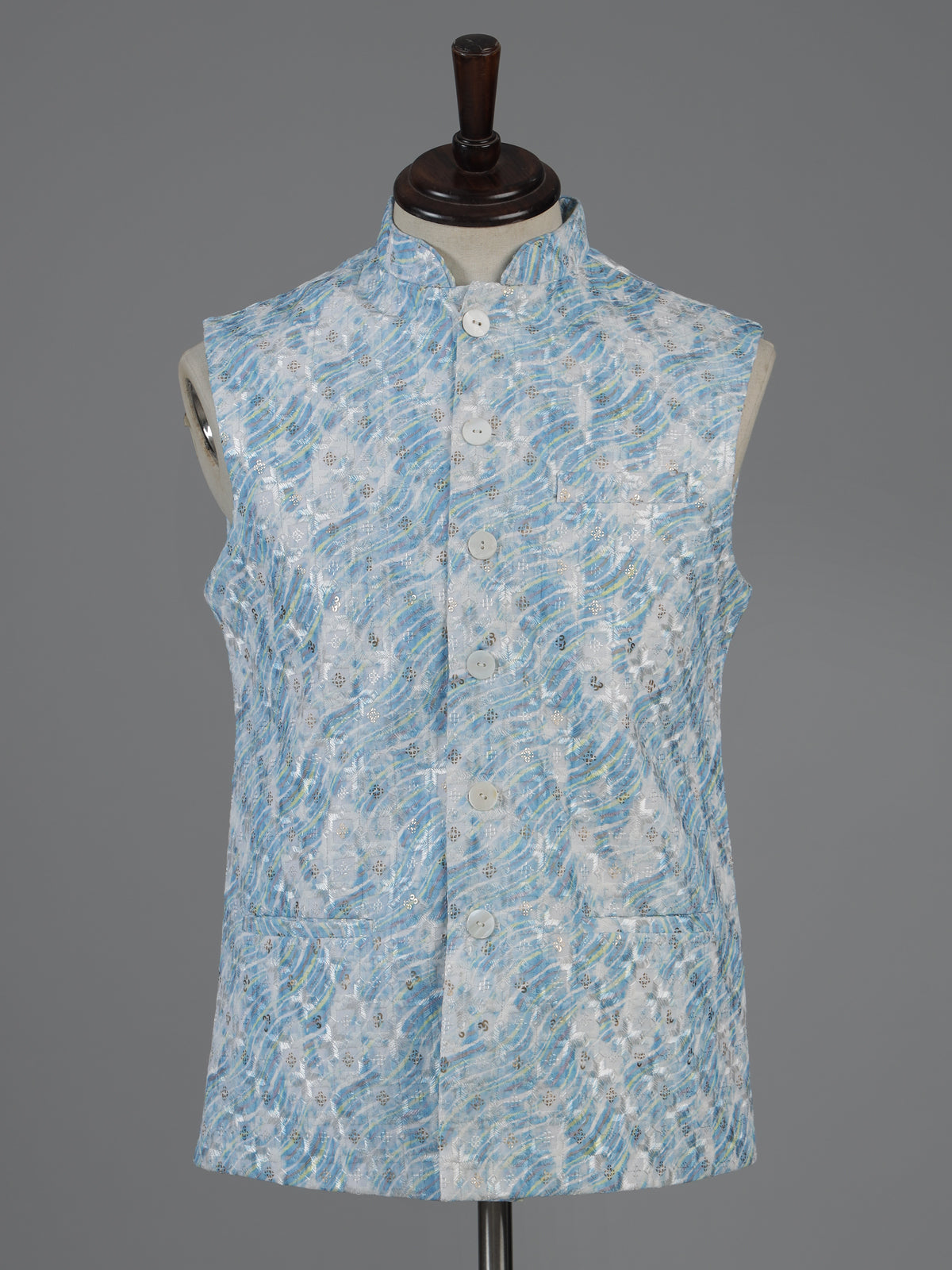 Blue printed cotton silk waistcoat for men