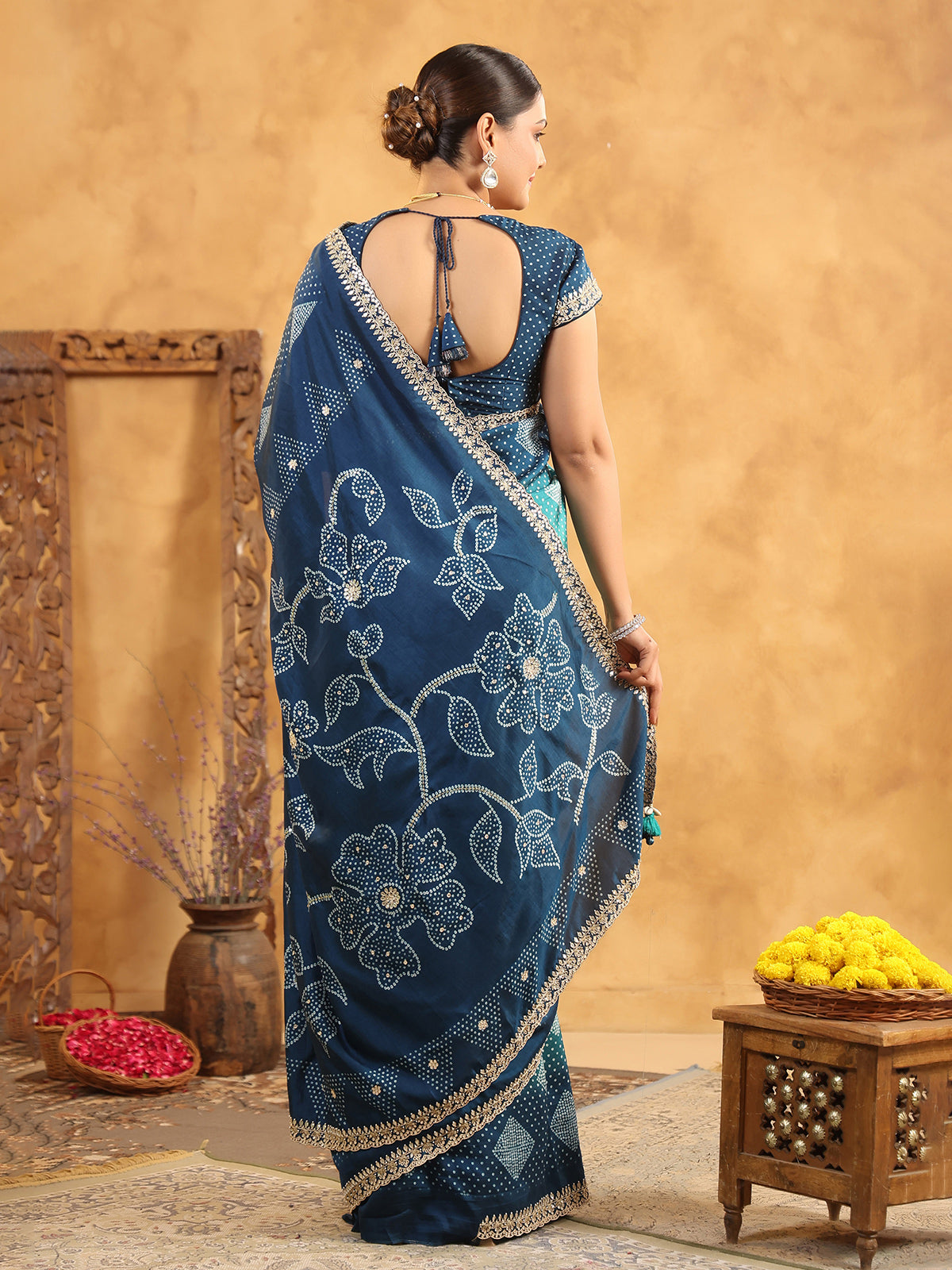 Blue printed silk saree with resham and sequins work