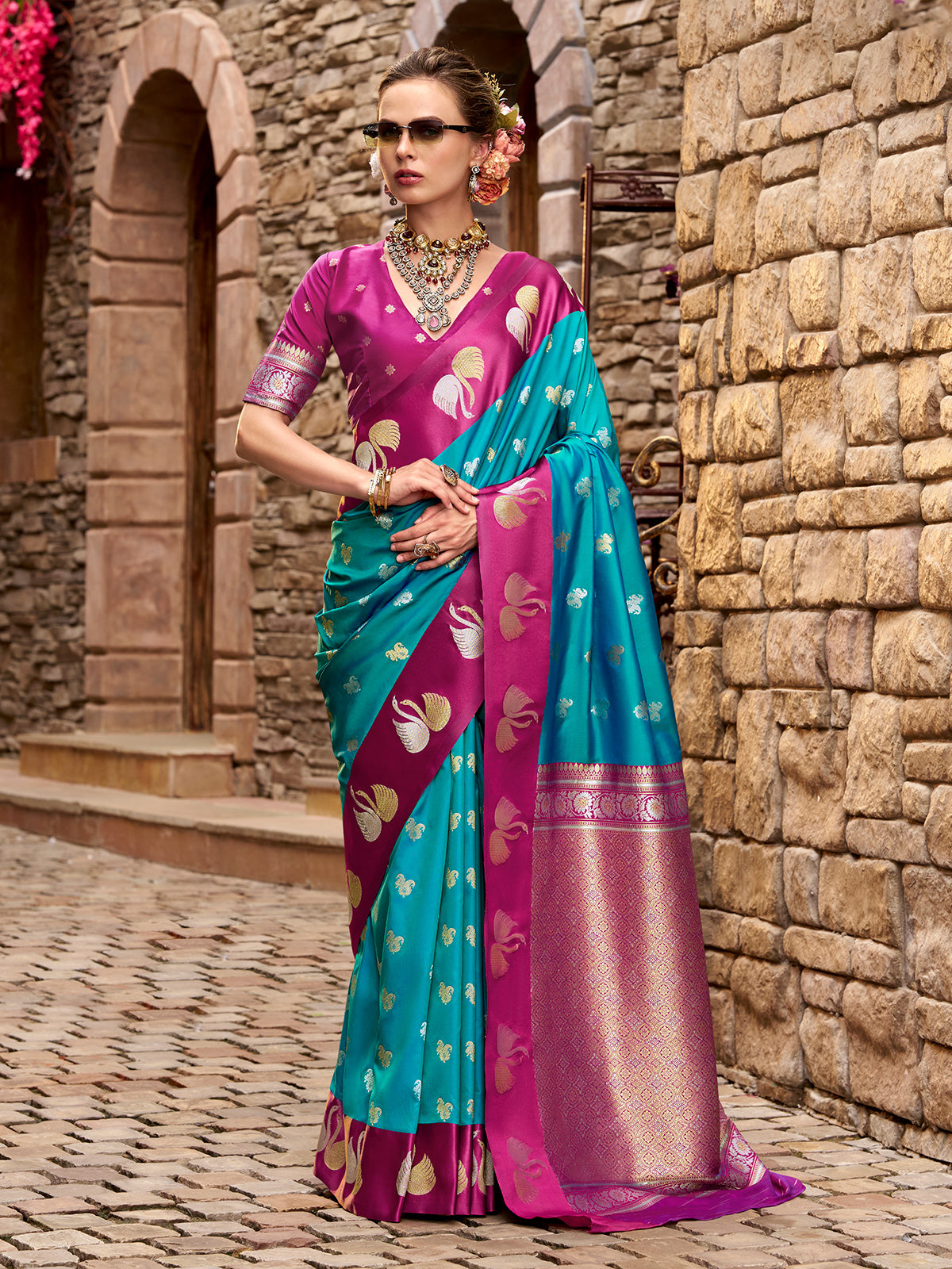 Blue satin silk saree with rich zari
