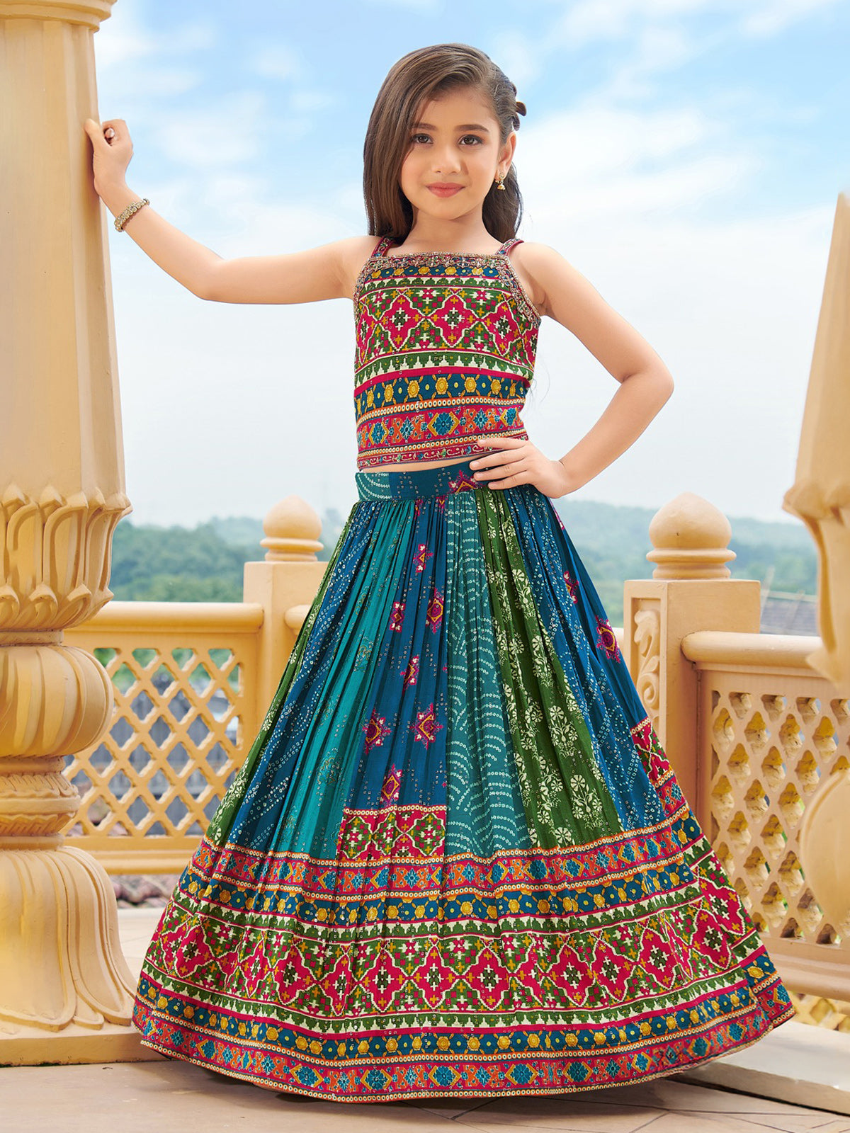 Blue silk bandhej printed lehenga choli for navratri