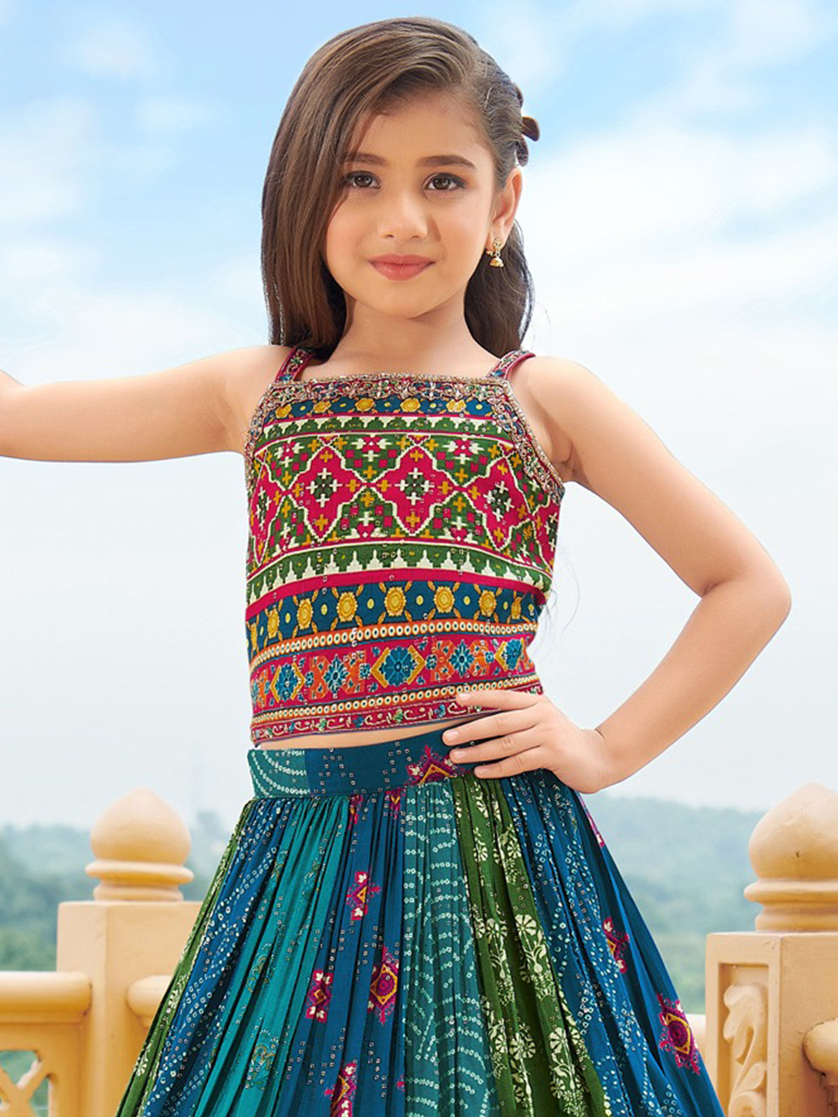 Blue silk bandhej printed lehenga choli for navratri