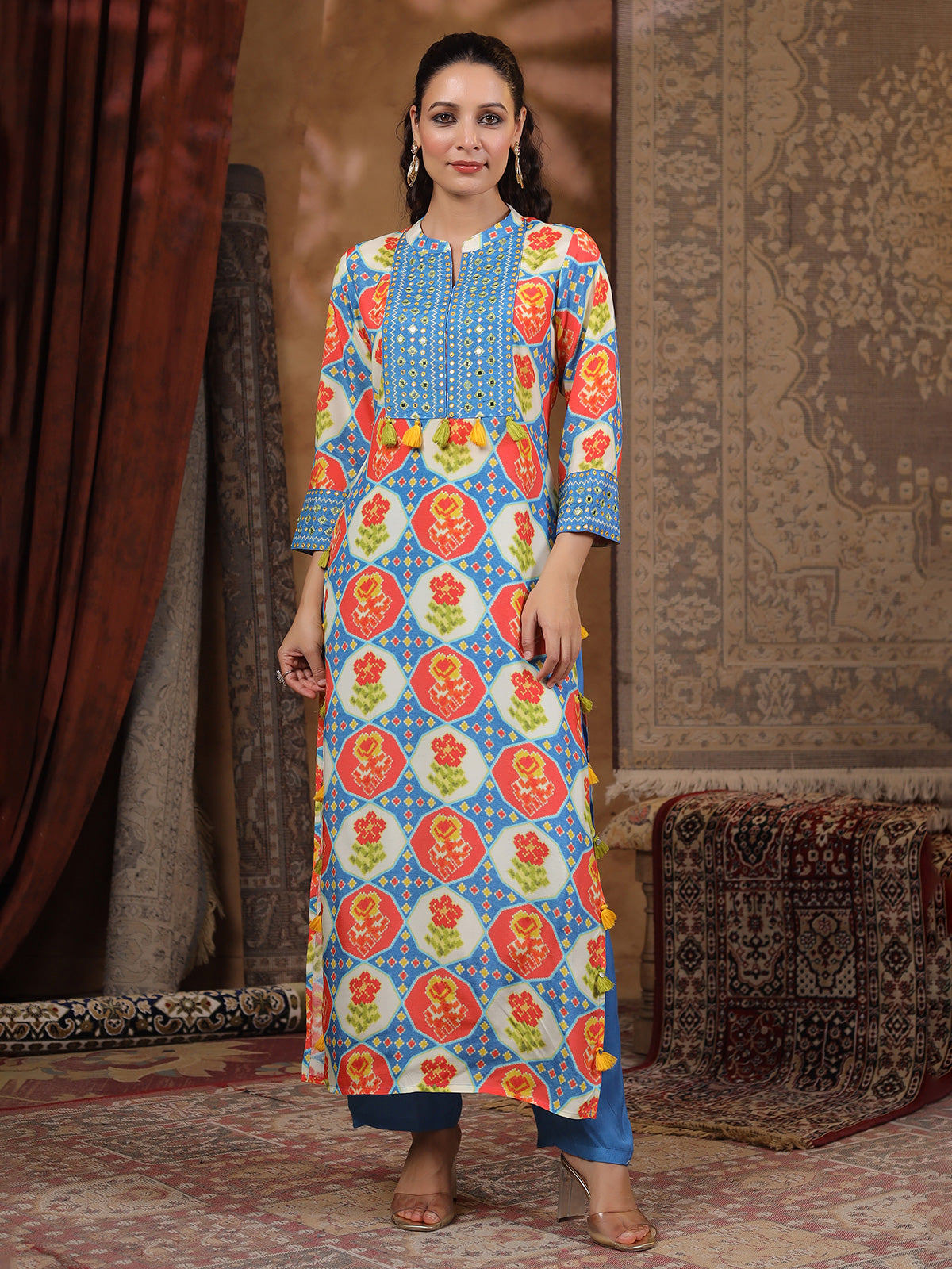 Blue silk printed kurti set for festive wear