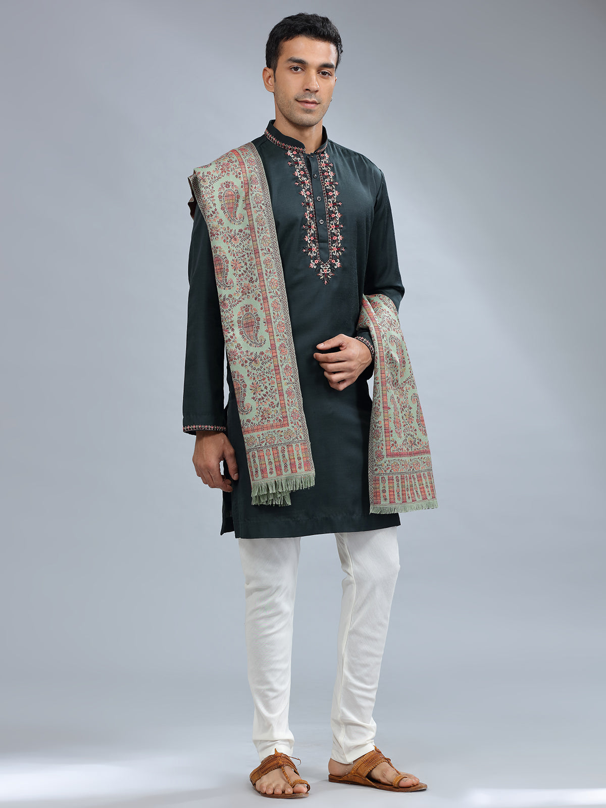 Bottle green cotton silk kurta pajama