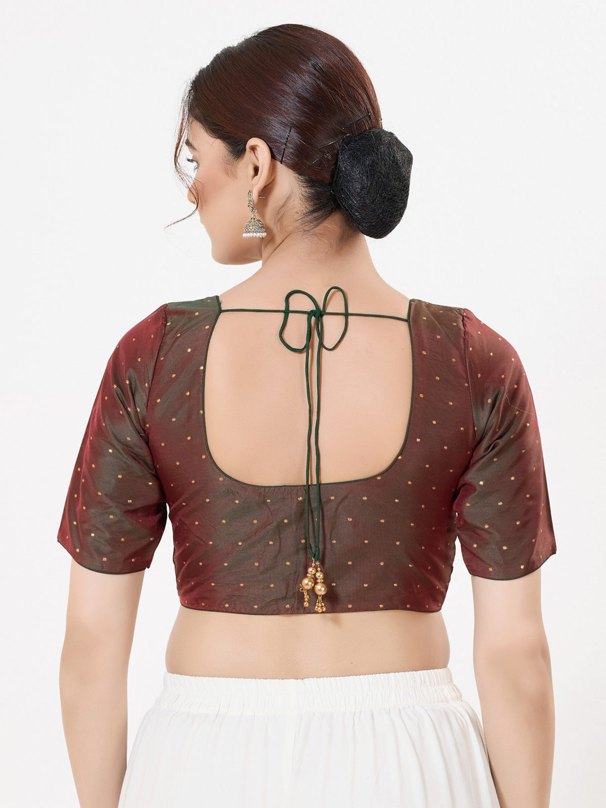 Bottle green tafeta silk zari elbow blouse