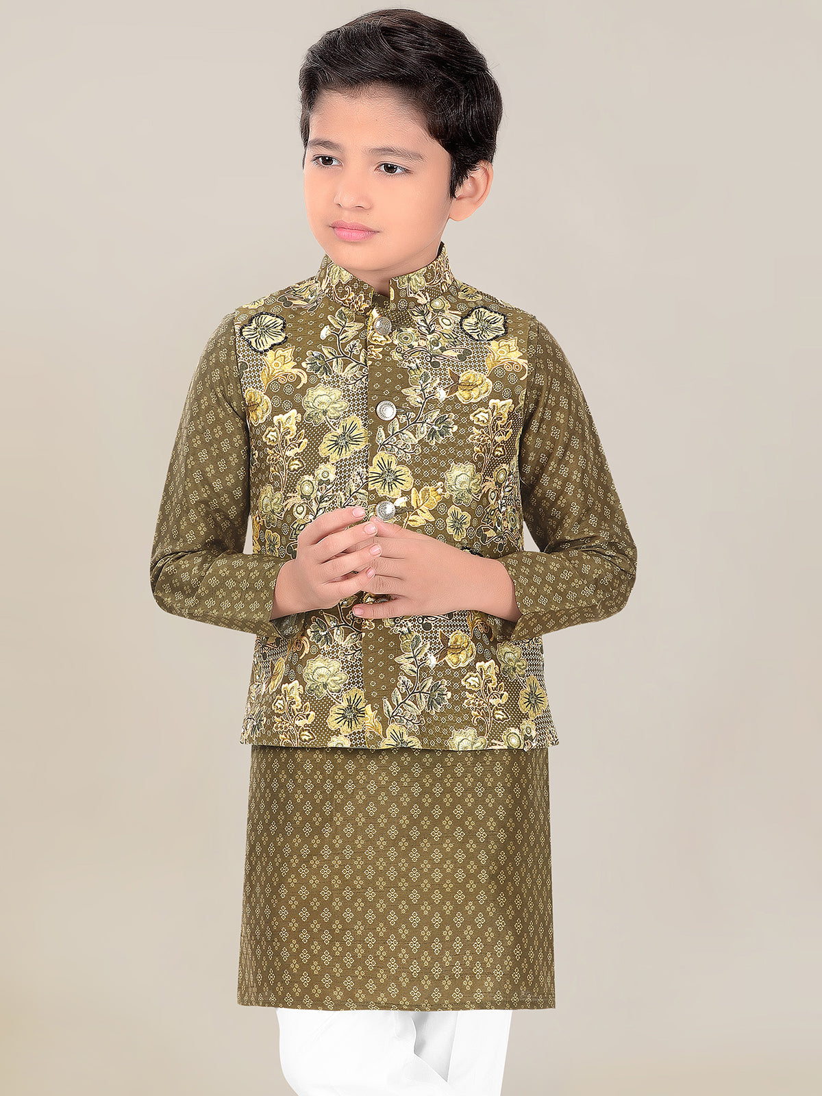 Boys olive printed silk waistcoat set