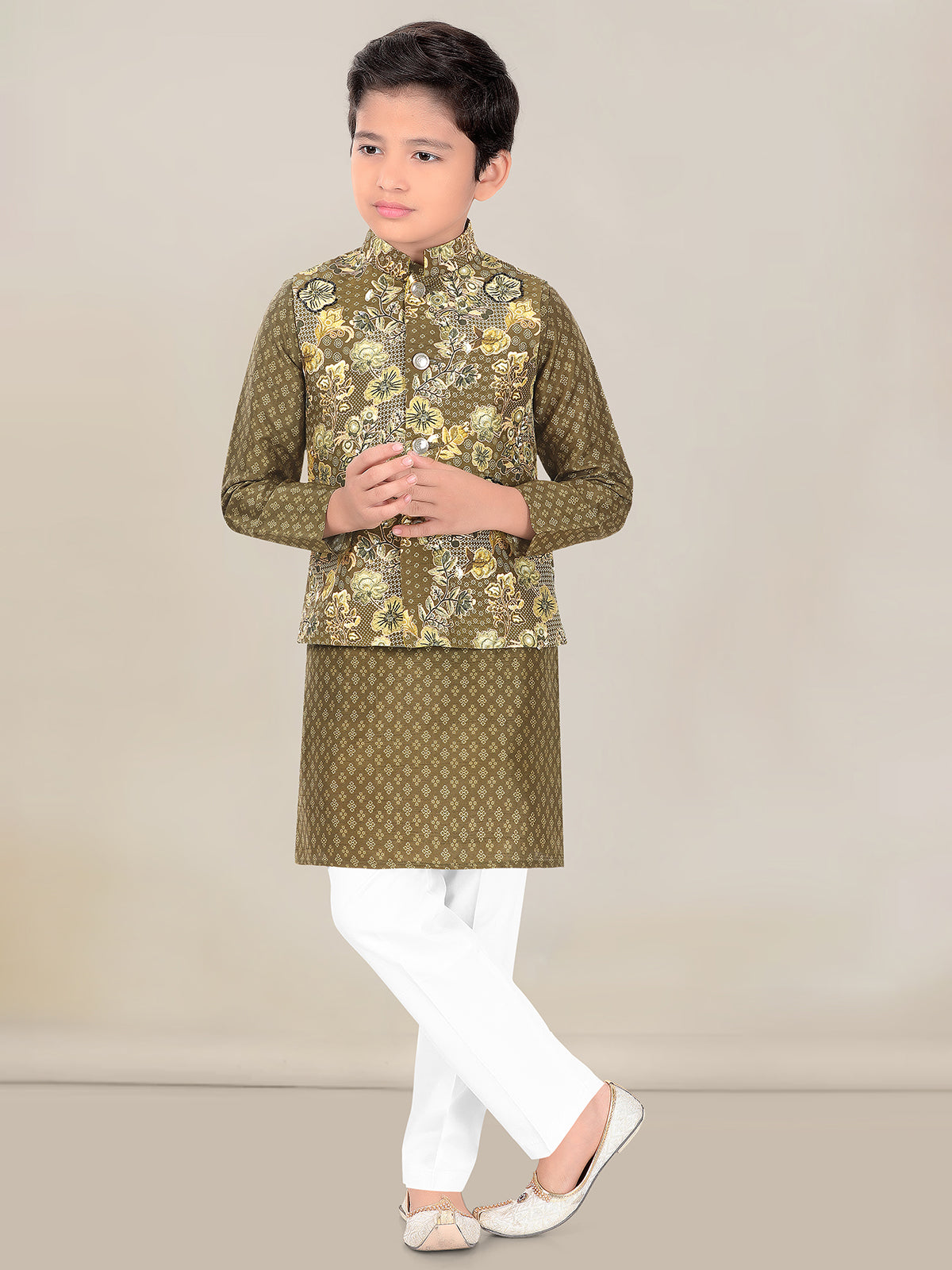 Boys olive printed silk waistcoat set