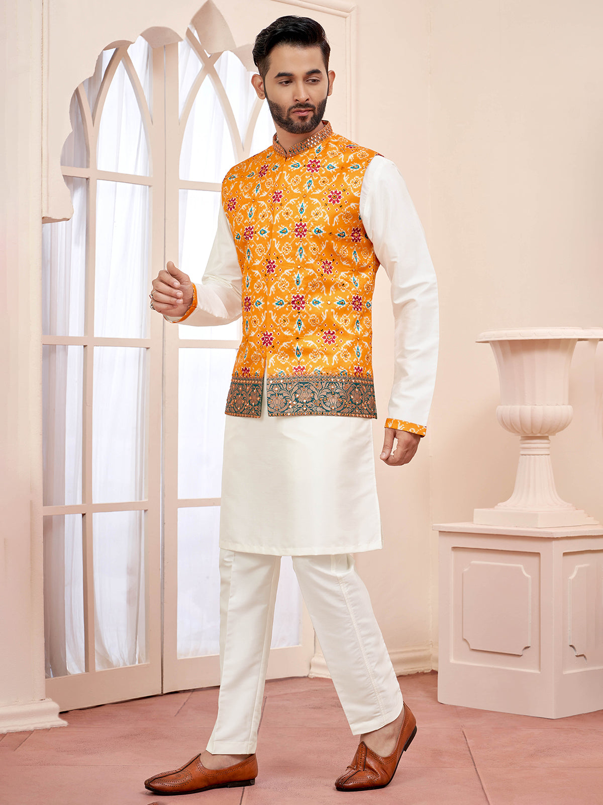 Bright yellow and white waistcoat set for men