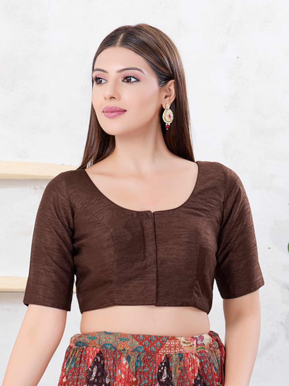 Brown dupion silk solid front open blouse