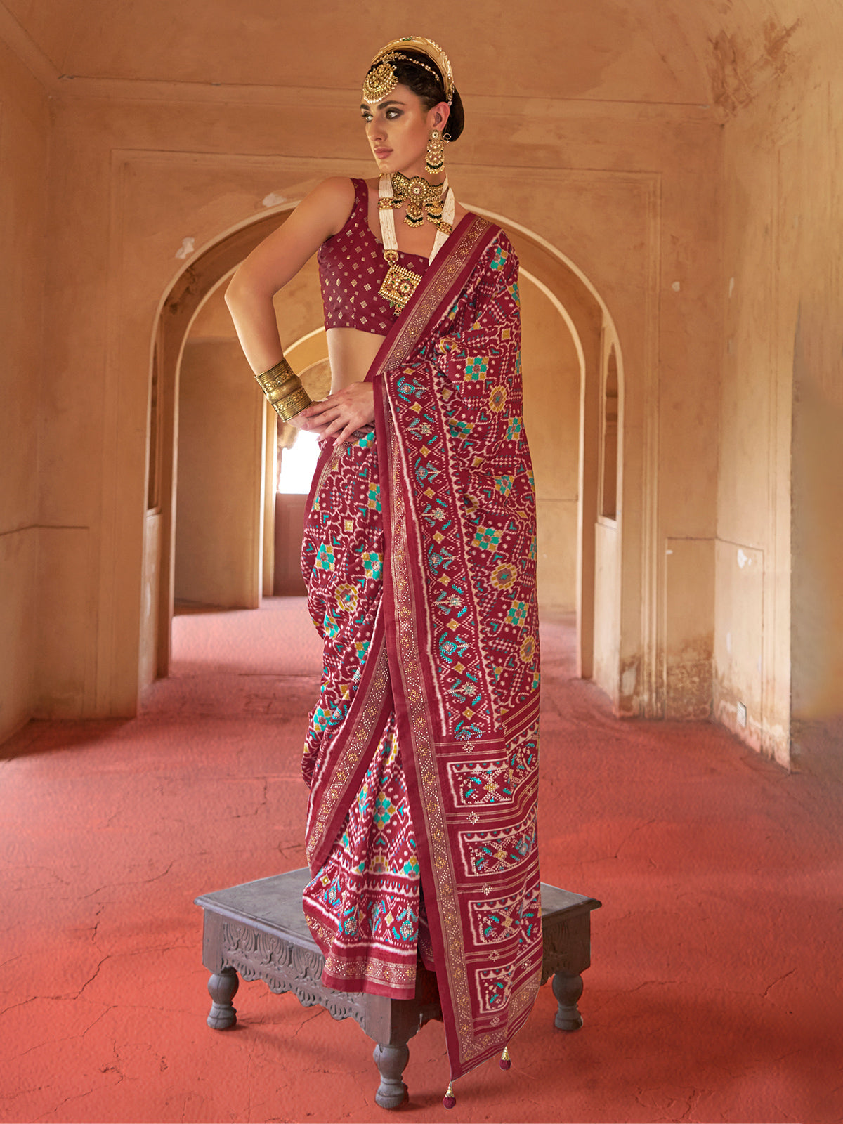 Brown patola silk saree with print