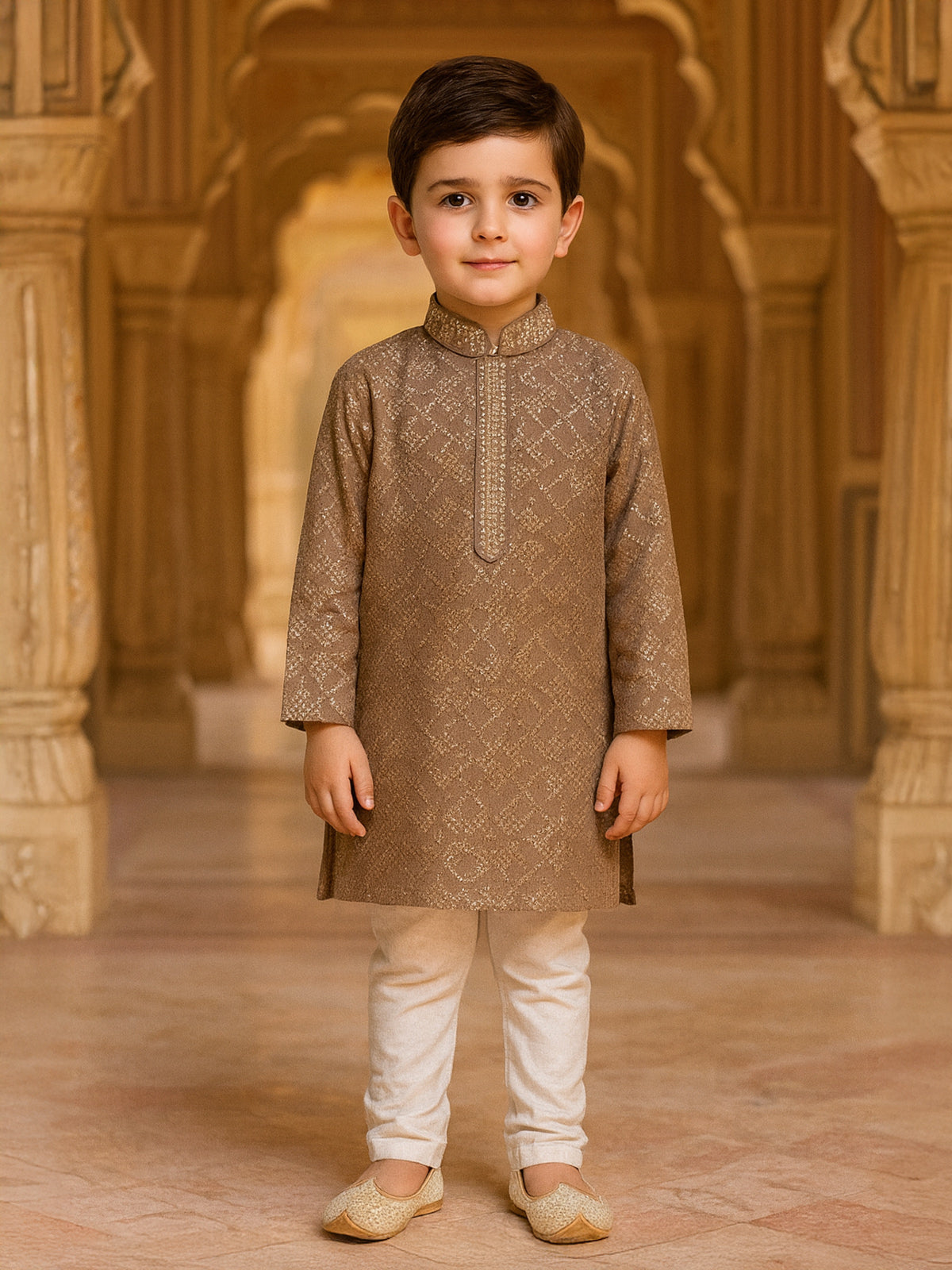 Brown printed cotton silk kurta suit for boys