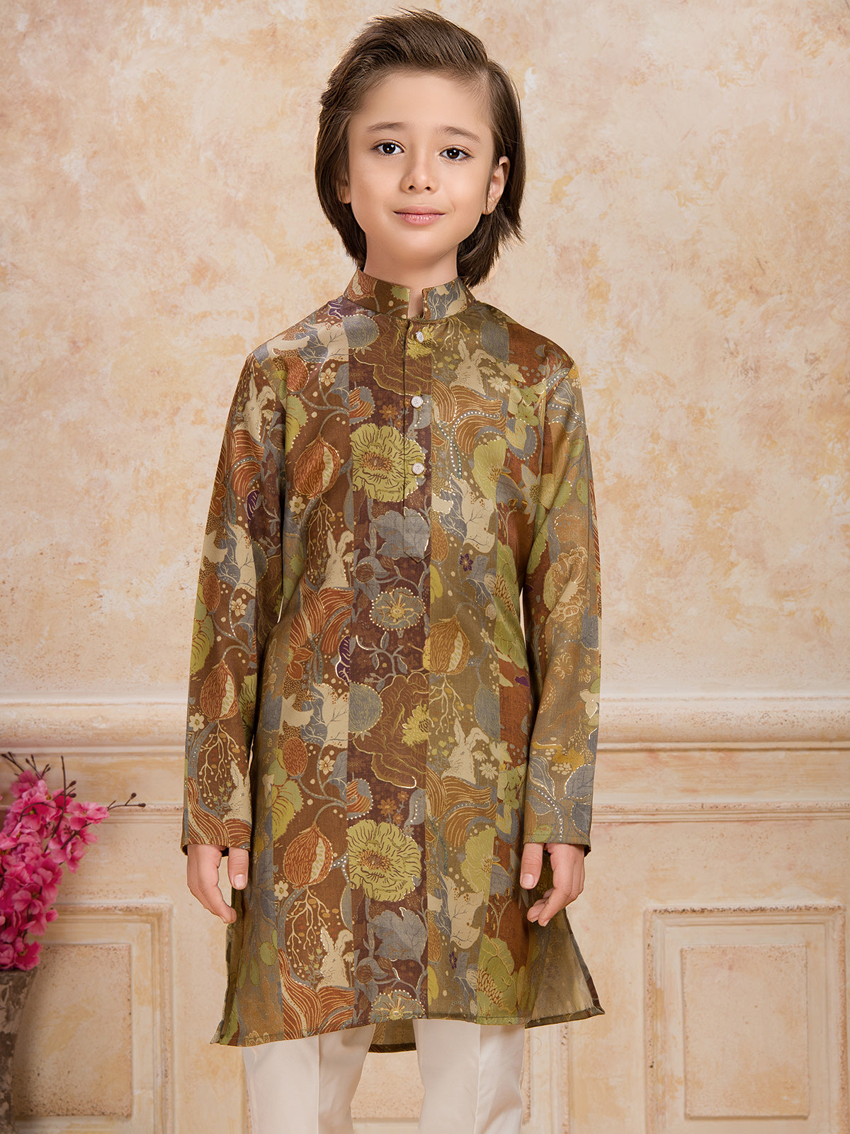 Brown printed festive wear cotton silk kurta suit