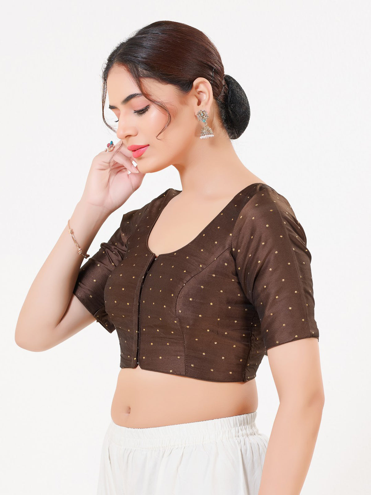 Brown tafeta silk zari embellished blouse