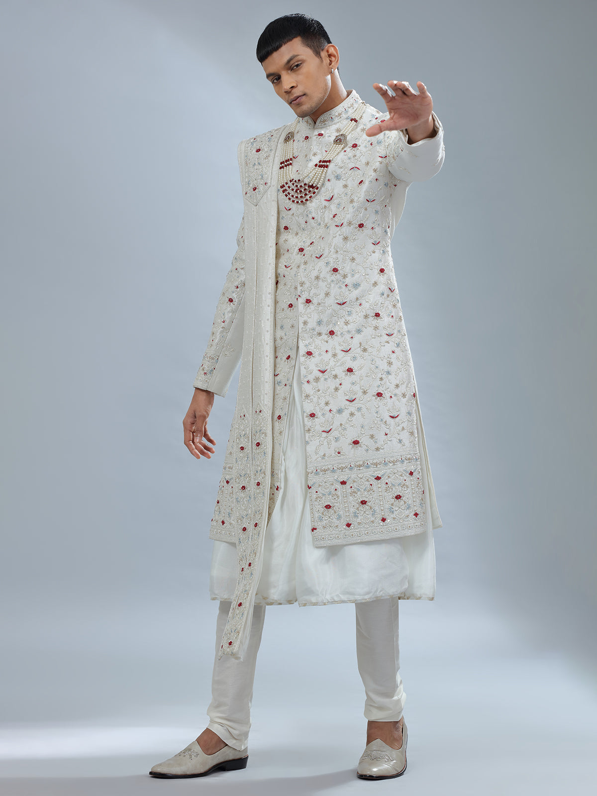 Catchy white raw silk peshwai sherwani