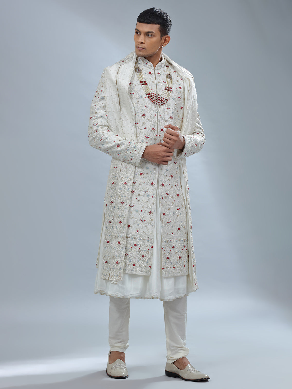 Catchy white raw silk peshwai sherwani