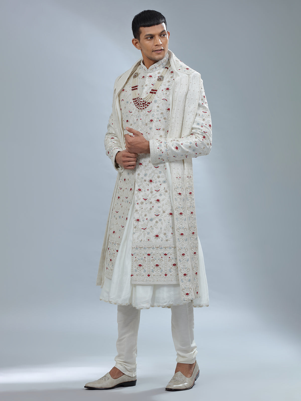 Catchy white raw silk peshwai sherwani
