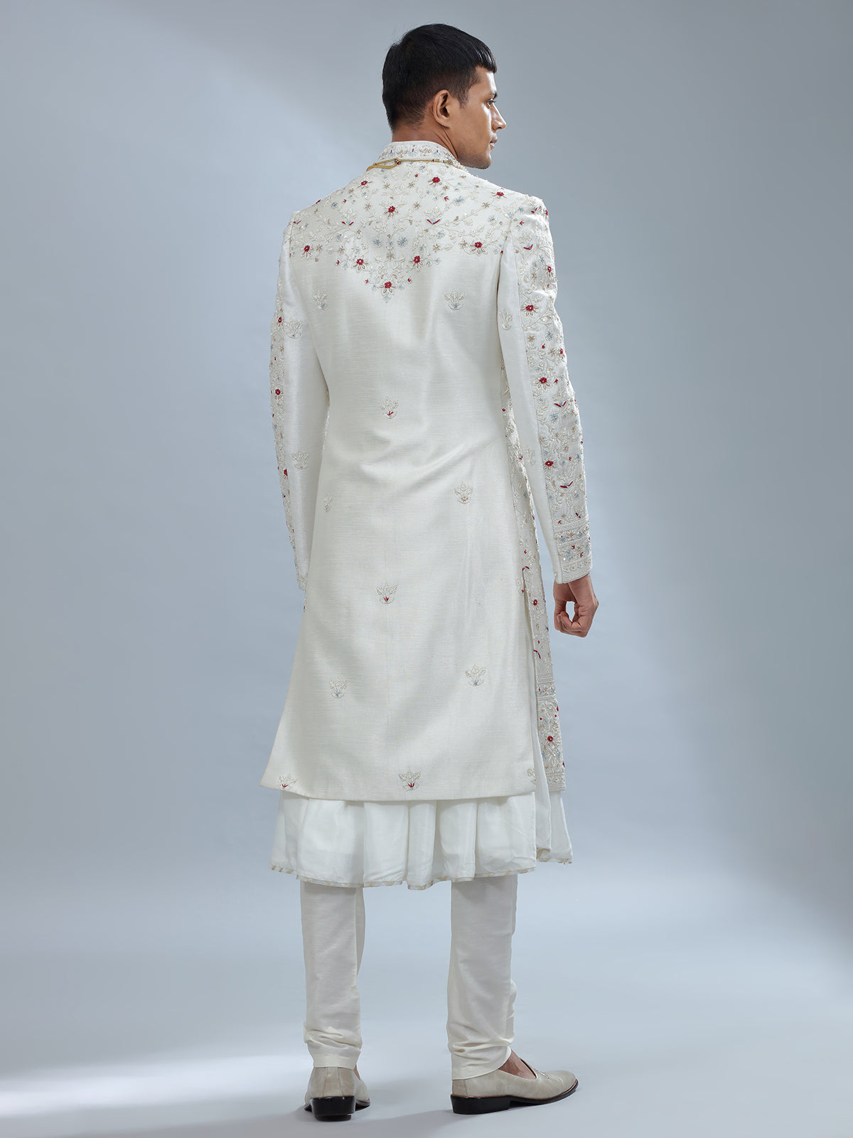 Catchy white raw silk peshwai sherwani