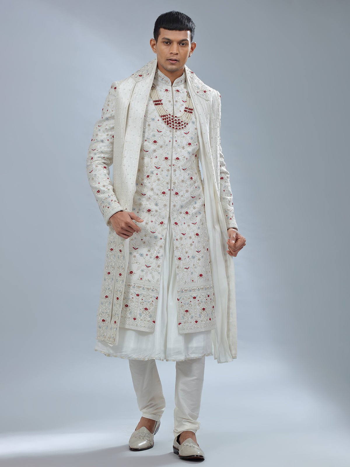 Catchy white raw silk peshwai sherwani
