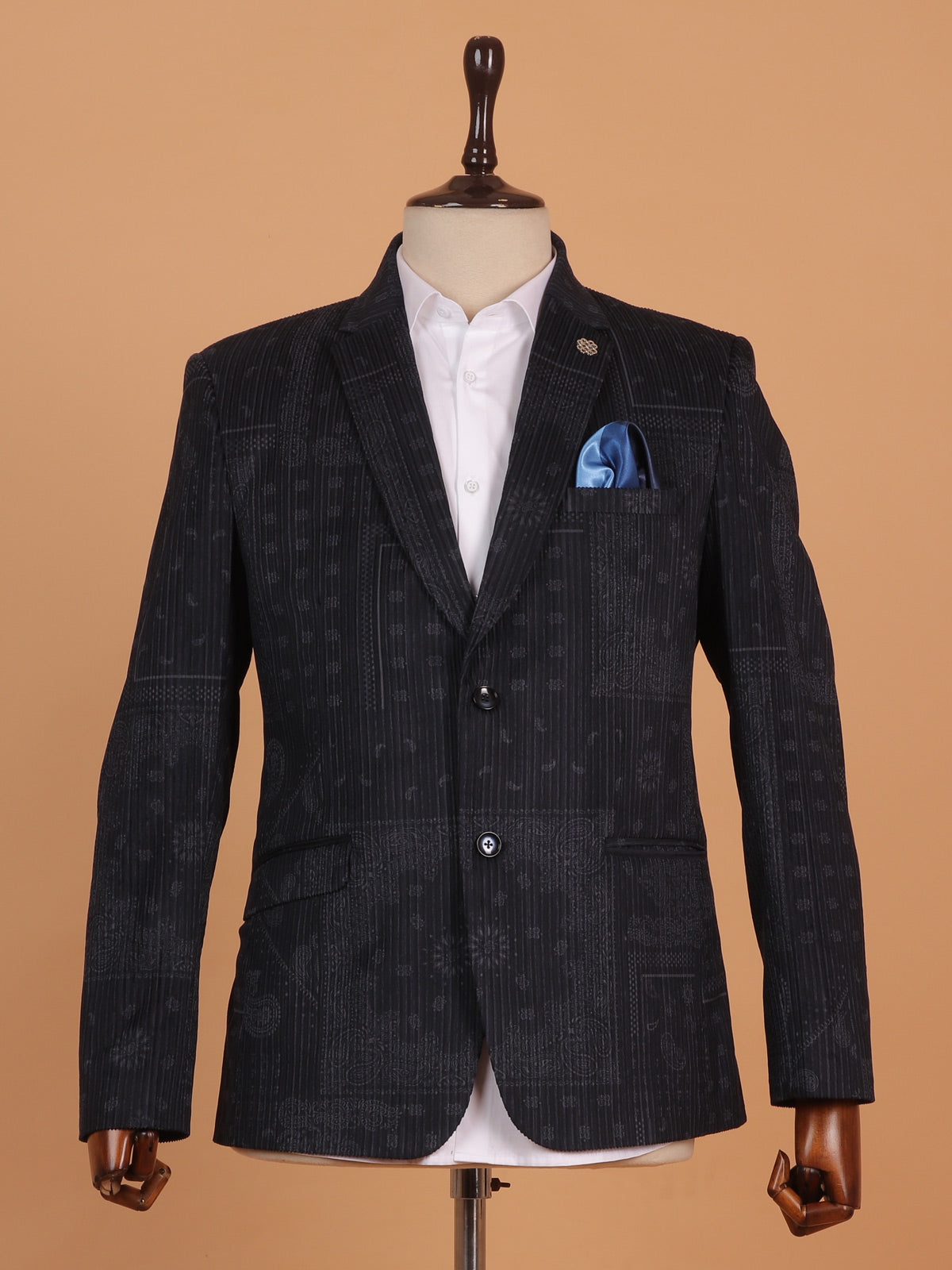 Charcoal black printed cotton blazer for men