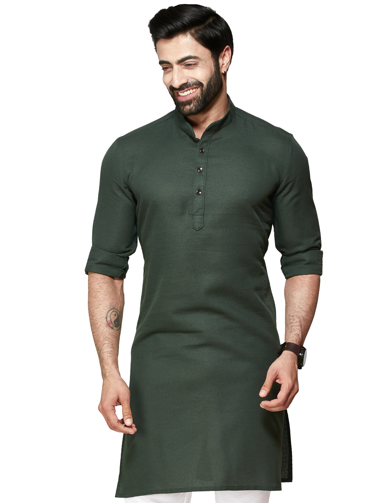 Charming dark green plain cotton kurta suit