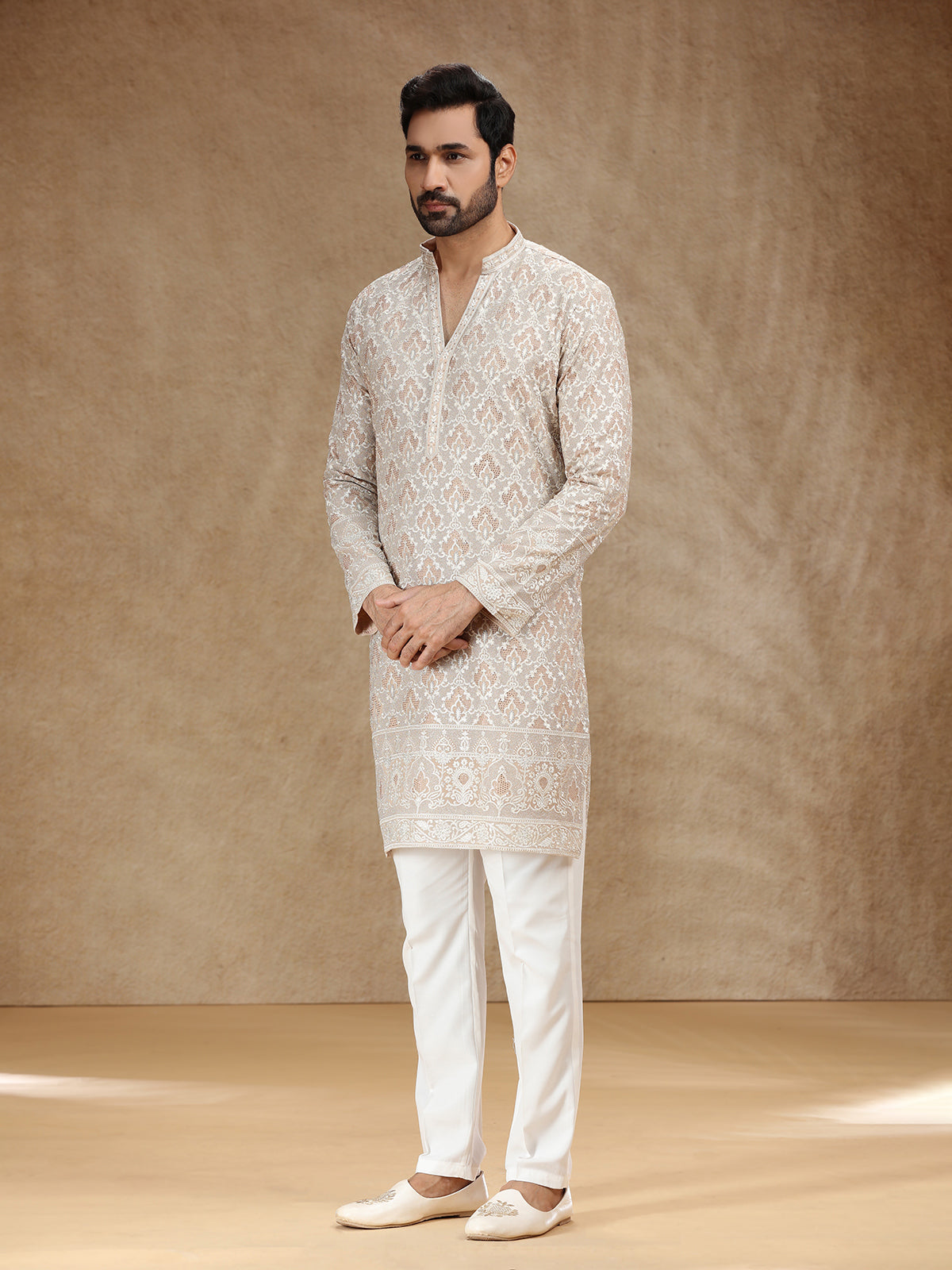 Classic beige georgette menfestive kurta suit