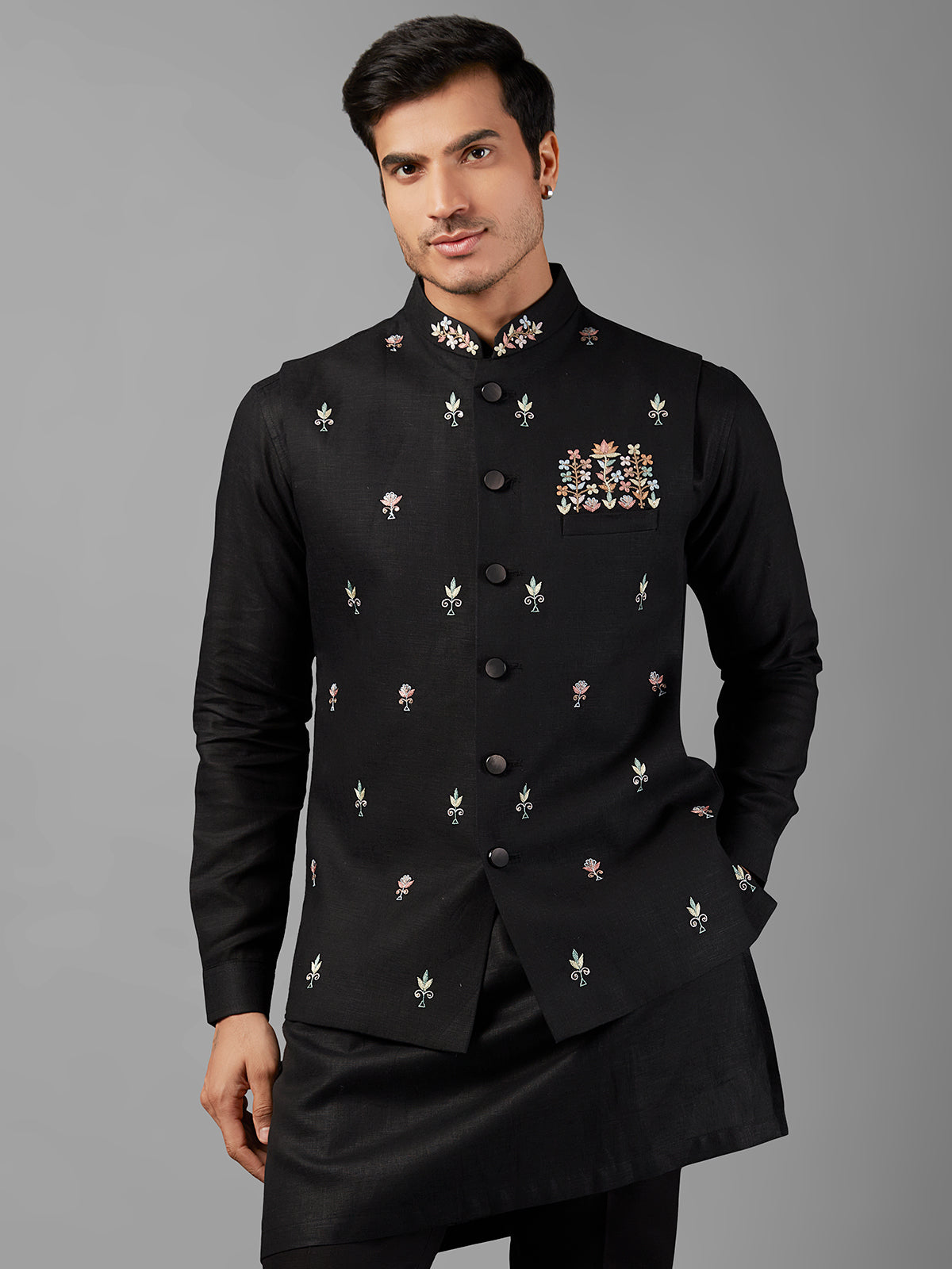 Classic black linen waistcoat set