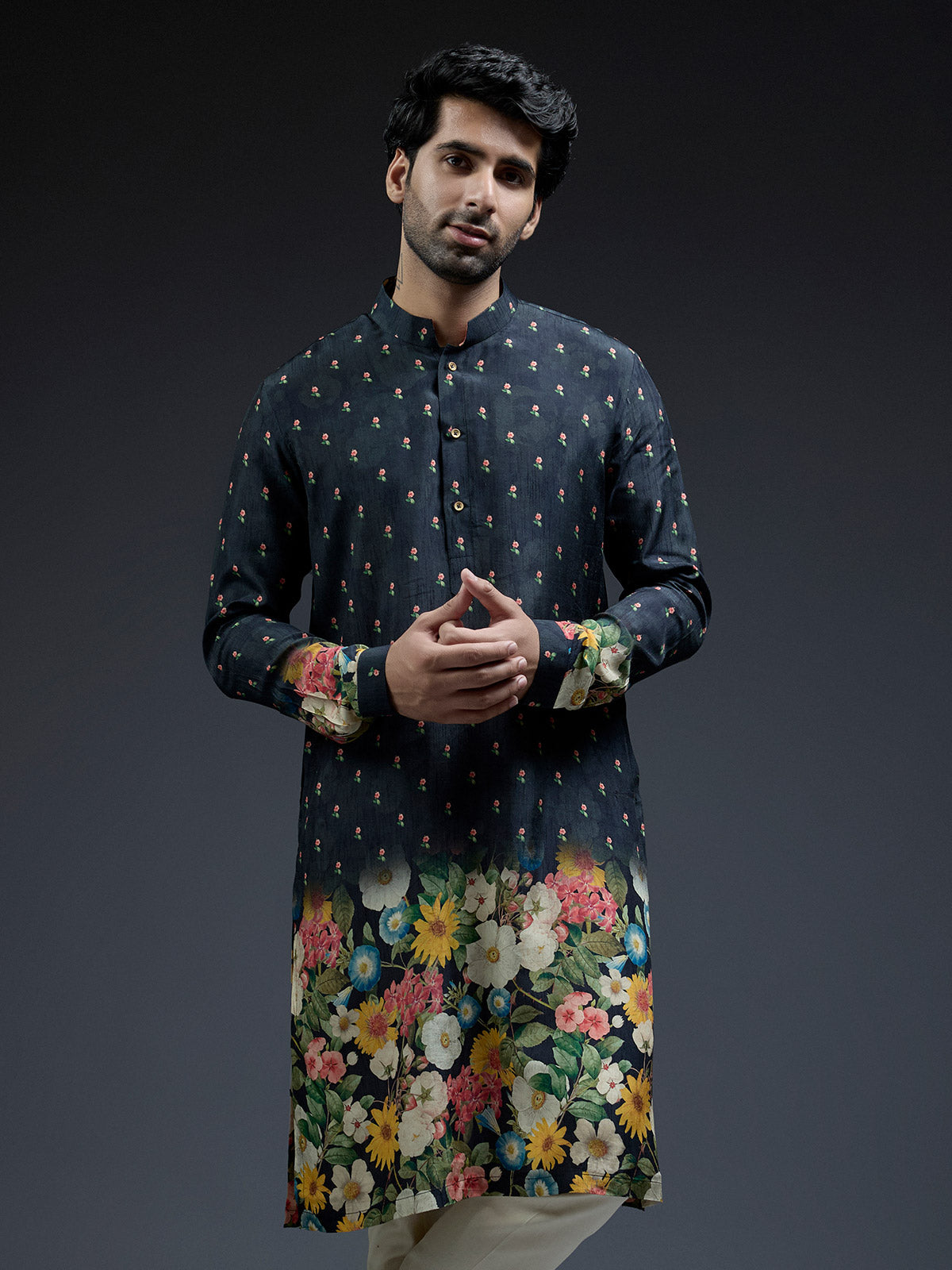 Classic navy flower floral print silk kurta suit