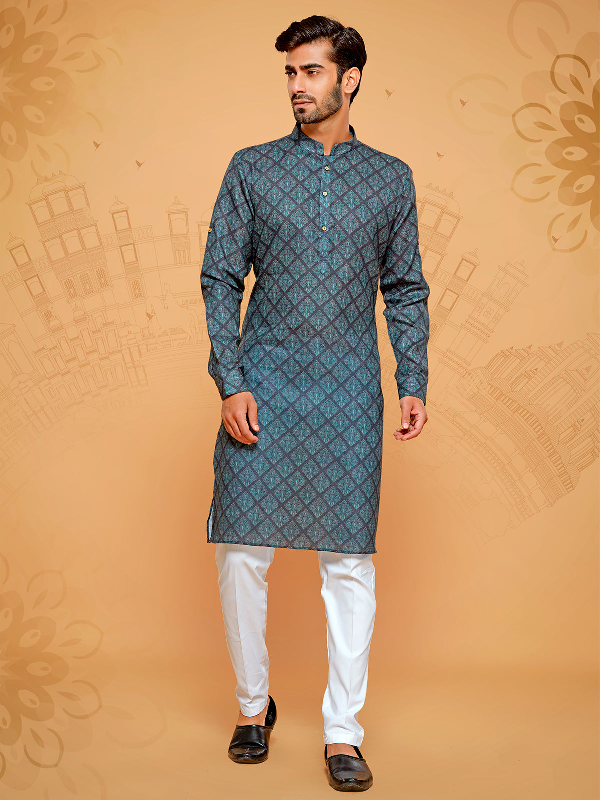 Classic printed rama green kurta suit