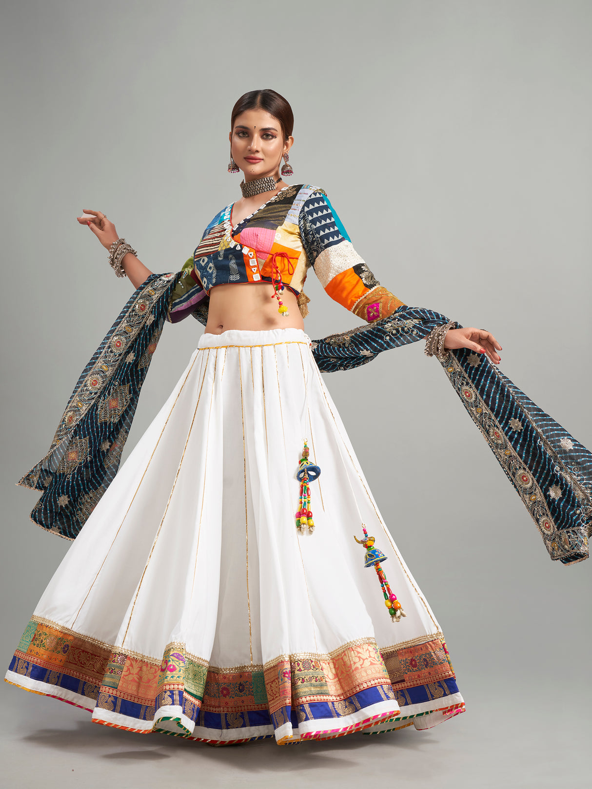 Classy white printed cotton silk chaniya choli