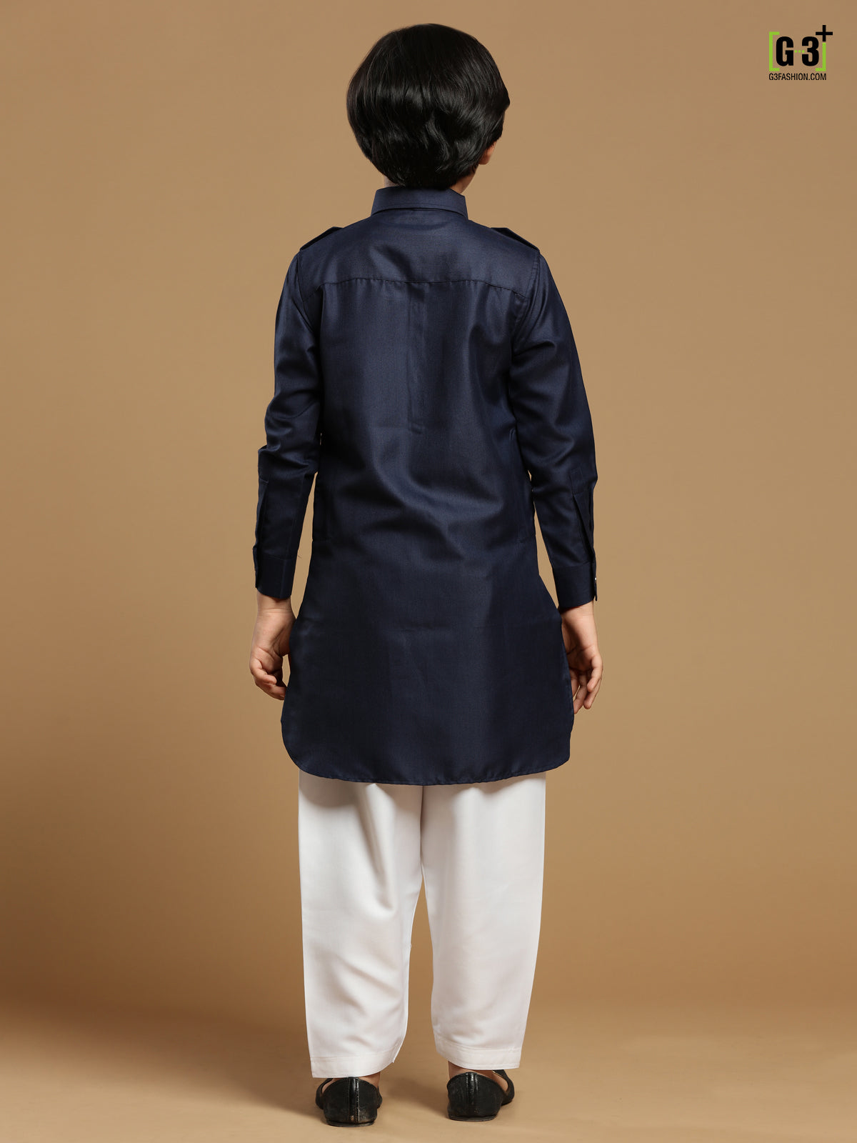 Cotton silk plain navy festive pathani suit for boys