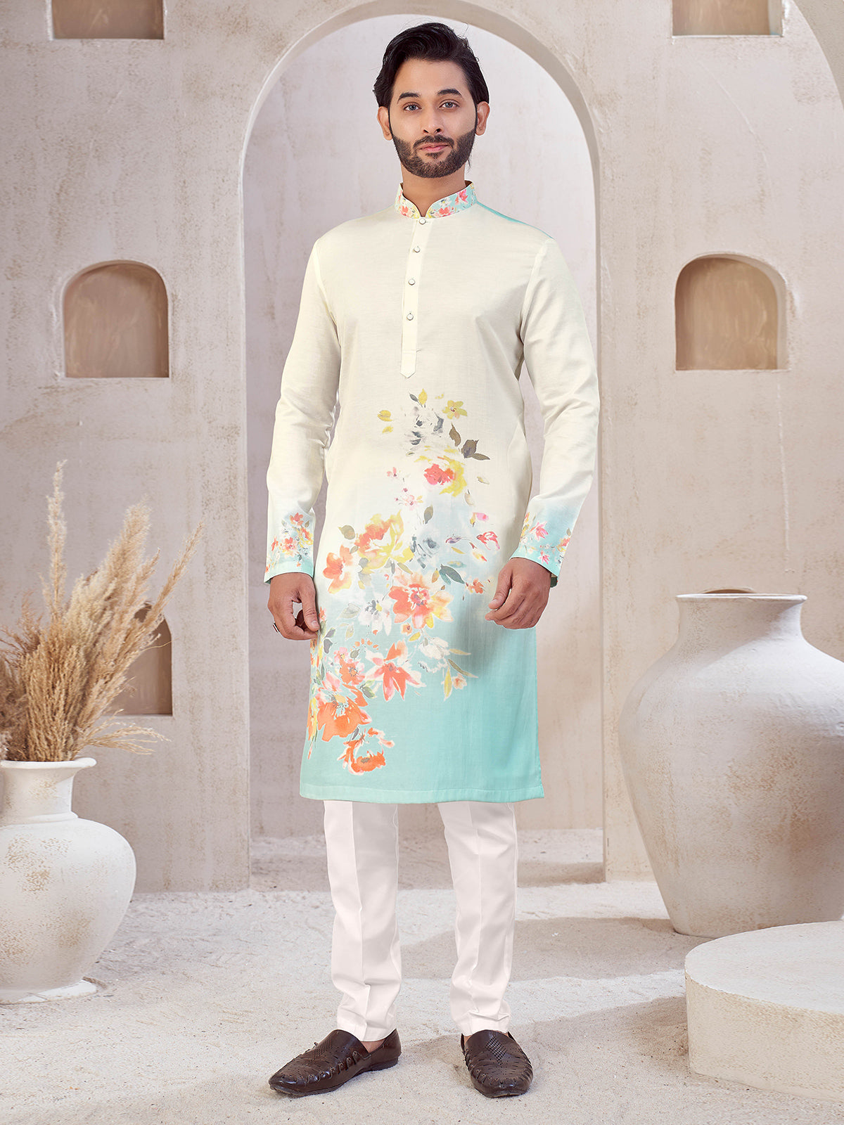 Cream and blue cotton printed kurta suit