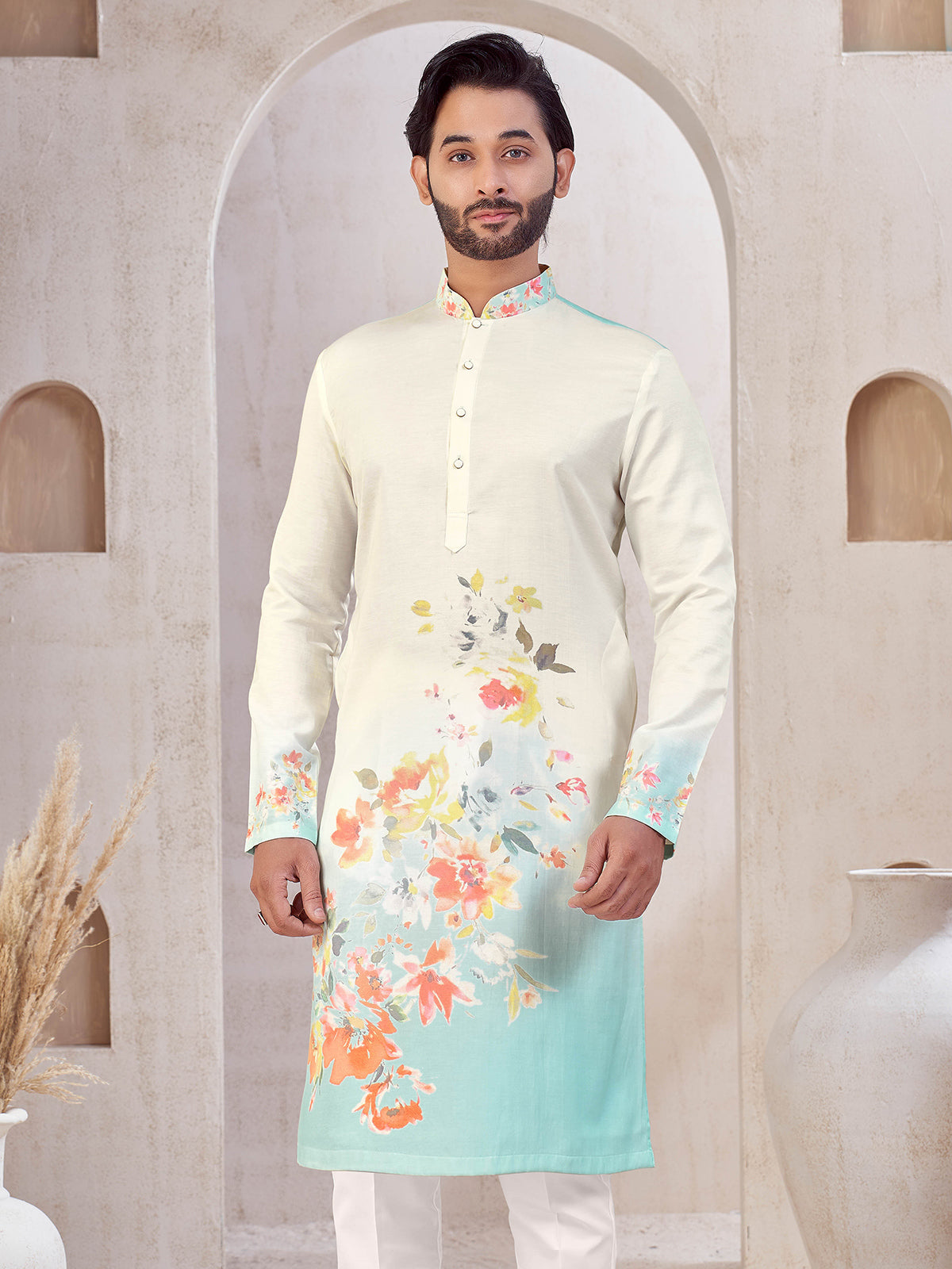 Cream and blue cotton printed kurta suit