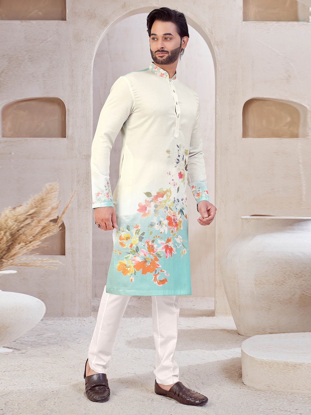 Cream and blue cotton printed kurta suit