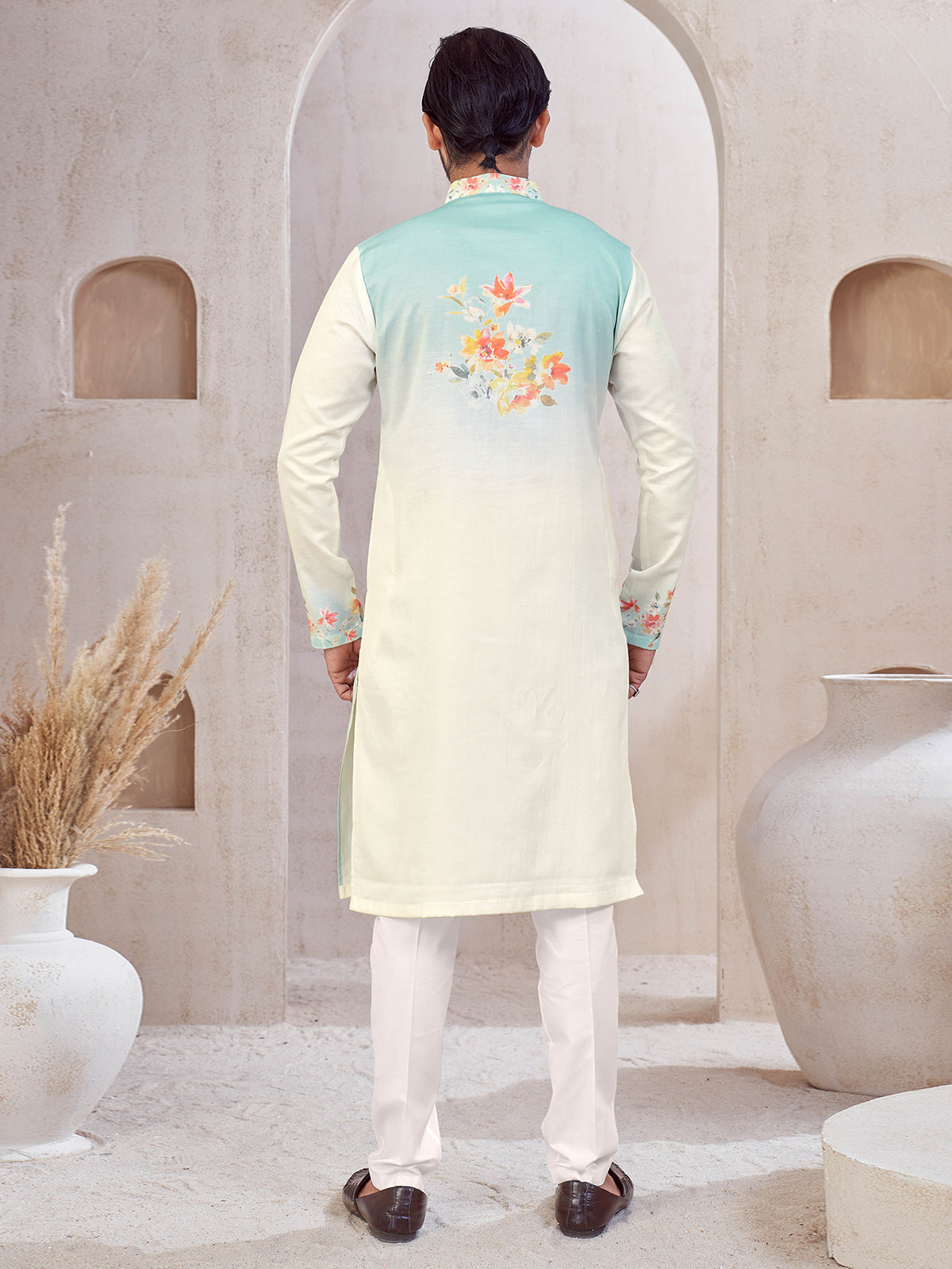 Cream and blue cotton printed kurta suit