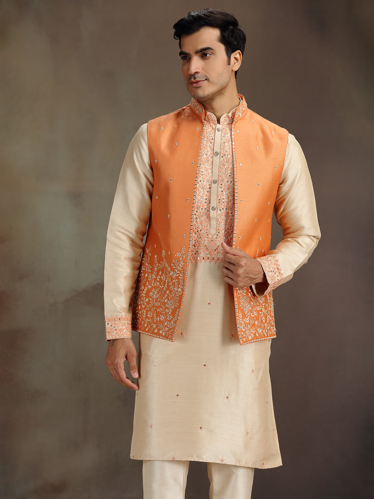 Cream and orange waistcoat set with embrodery