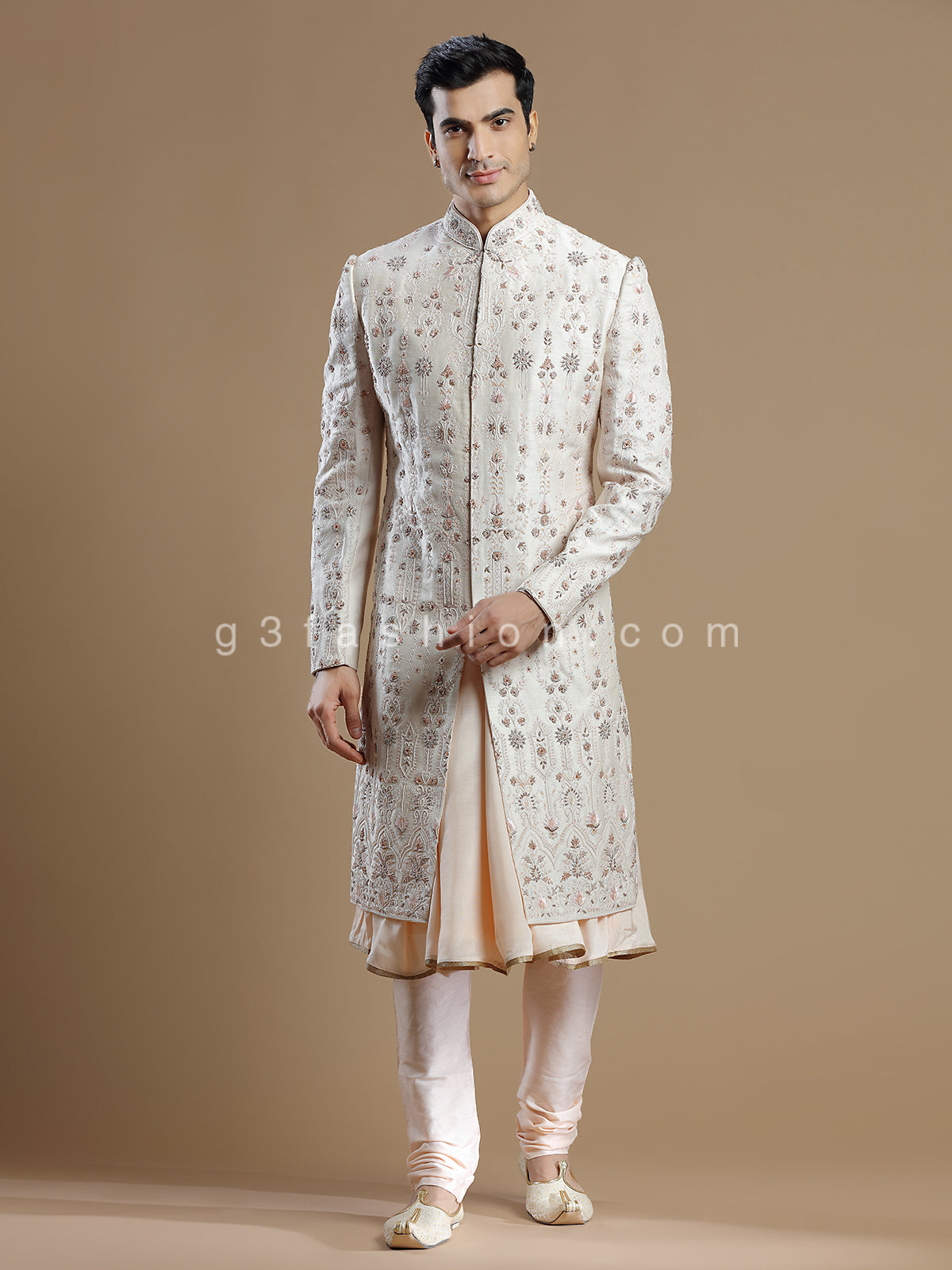 Cream and peach raw silk groom wear sherwani
