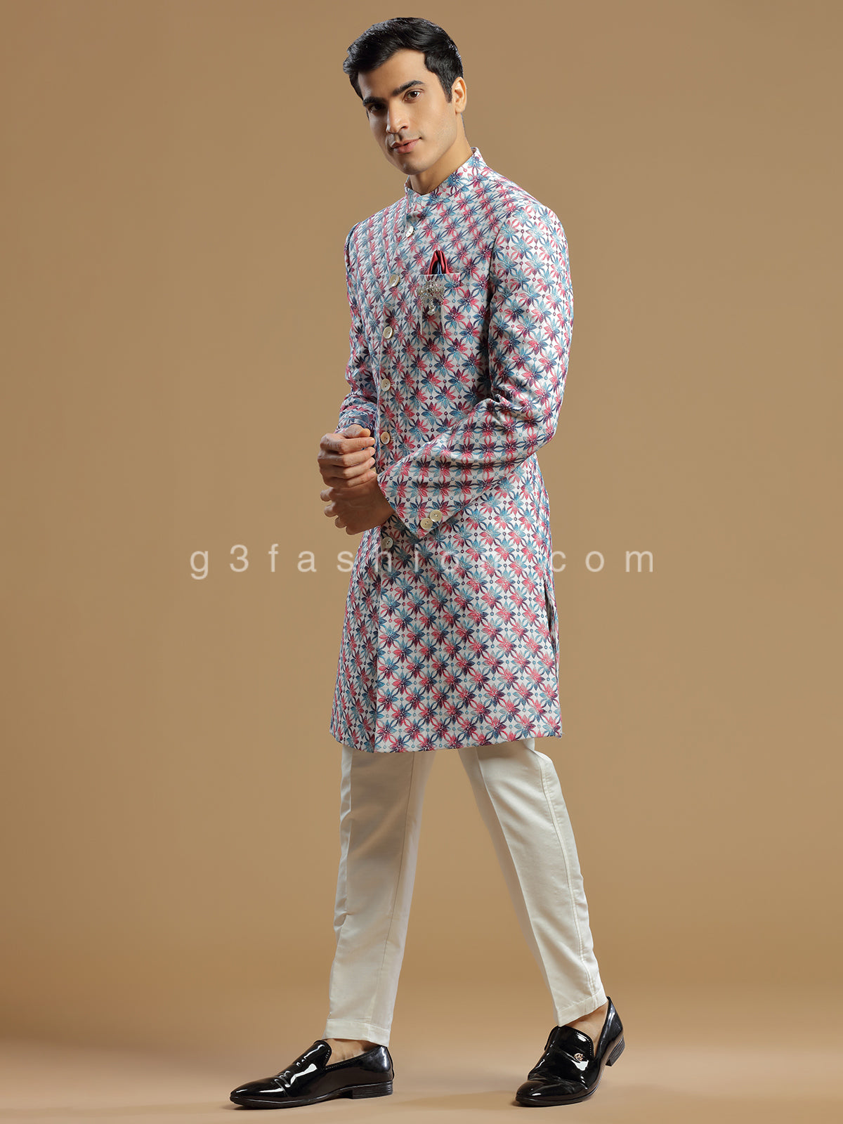 Cream and pink silk indowestern for men