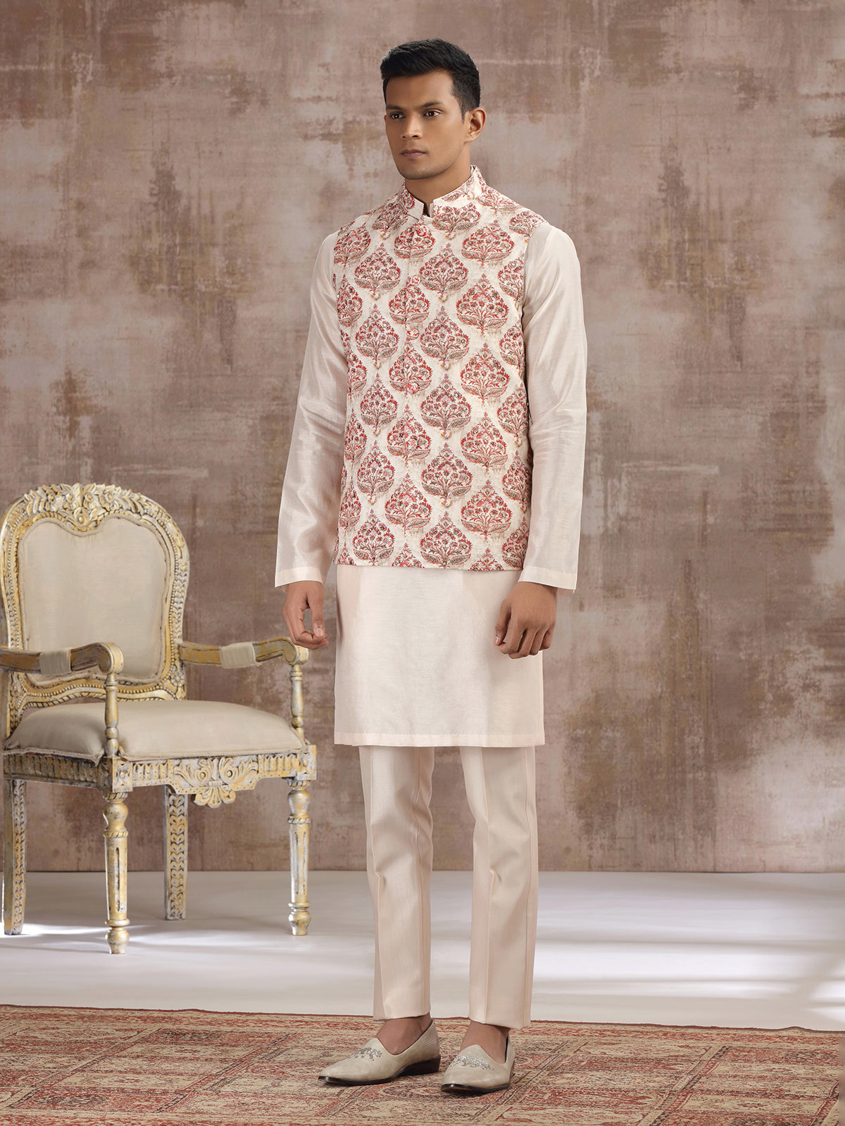 Cream and red printed silk waistcoat set