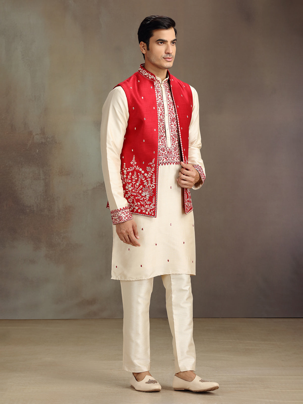 Cream and red silk mirror worked waistcoat set