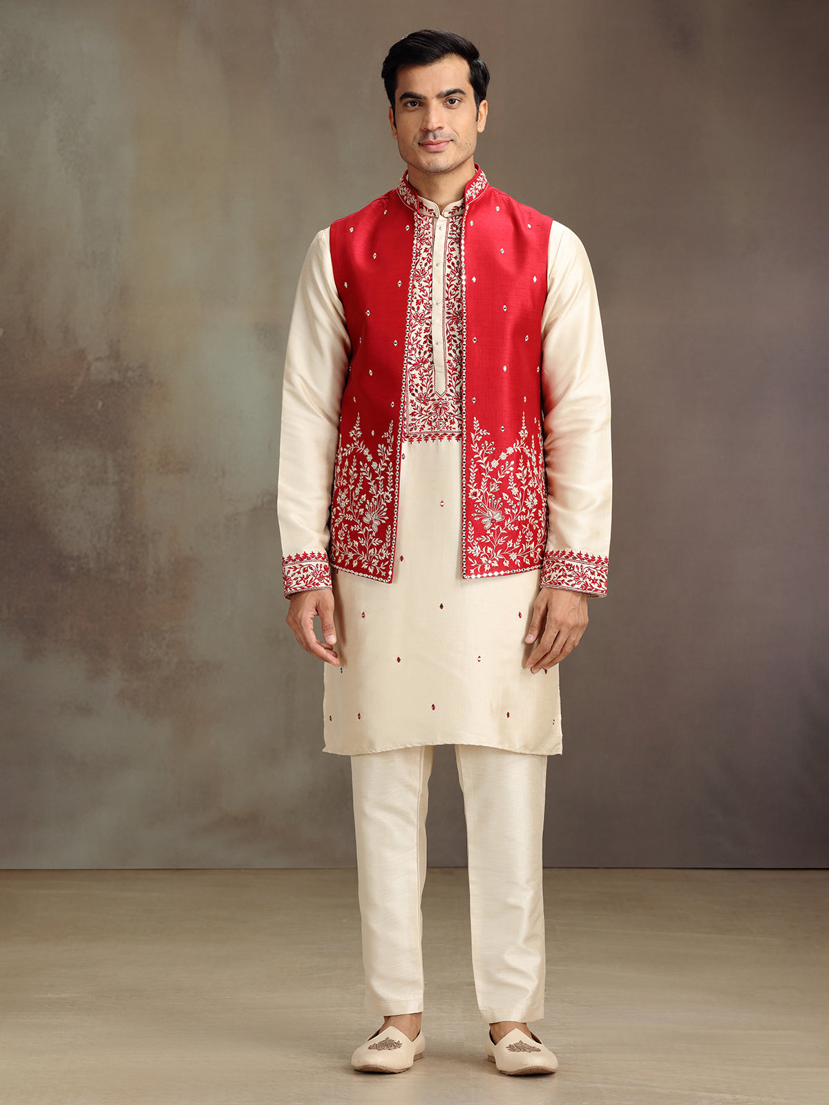 Cream and red silk mirror worked waistcoat set